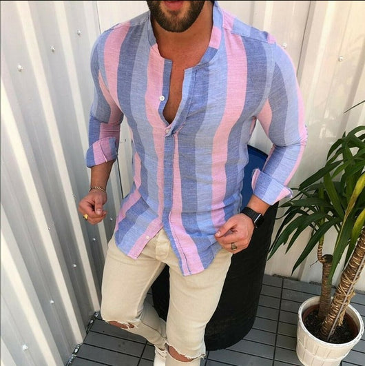 Camisa Ejecutiva de Rayas Amarilla con Cuello en V y Manga Larga - Image 5