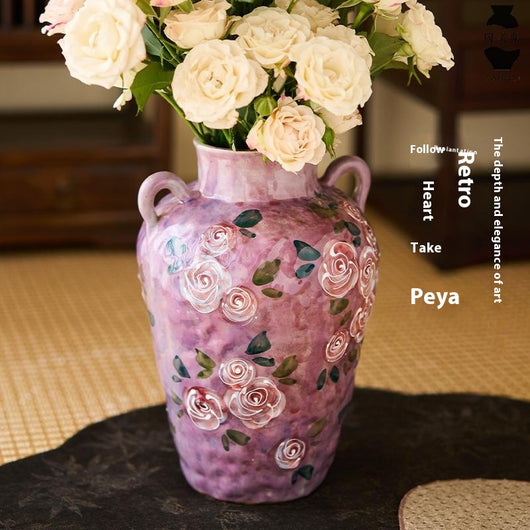 Florero de Porcelana China Pintado a Mano con Rosas