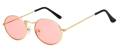Retro round sunglasses with pink lenses and a gold-colored metal frame, featuring black ear tips. - Image 11