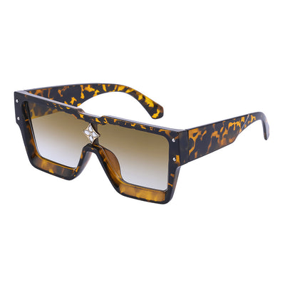 Black large frame square sunglasses with dark lenses and a gold star-shaped embellishment on the bridge. - Image 8