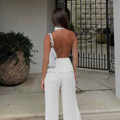 Conjunto de Pantalón Ancho Cintura Alta y Chaleco Plisado sin Mangas - Blanco - Image 10