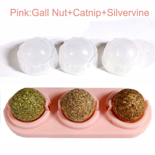 Two self-adhesive rotated catnip lick balls, each in a light blue holder, for cat entertainment. - Image 2