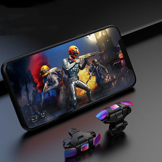 Black mobile phone gaming trigger with iridescent mechanical buttons for touch screen mobile phones.