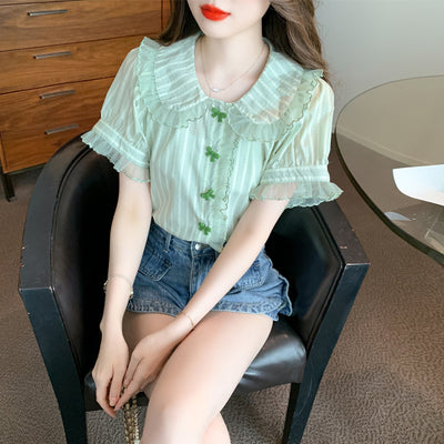 Blusa de Chifón con Cuello Muñeca y Mangas de Encaje - Image 2