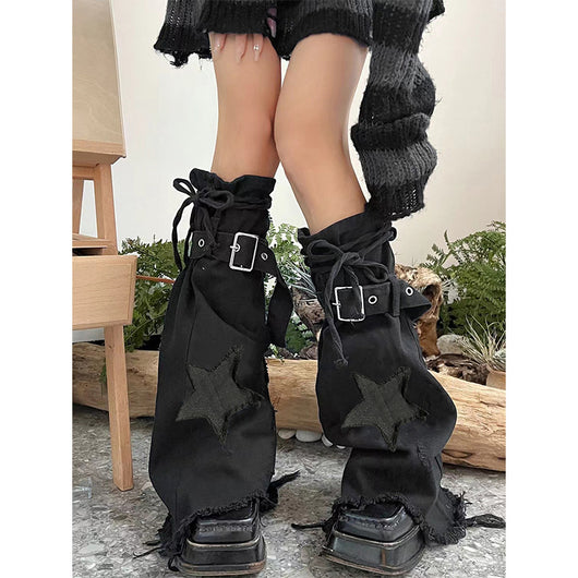 Calcetines Denim Retro con Bordado de Estrellas y Cuello Anudado para Mujer - Image 4