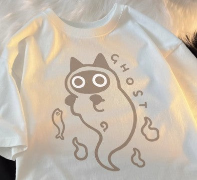 Camiseta de Algodón Puro Holgada con Diseño Fantasma Gato Transparente - Image 8