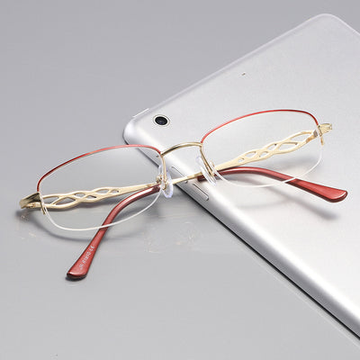 Gold half-rim anti-blue light reading glasses with red decorative temples and +1.50 magnification.