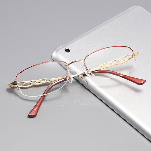 Gold half-rim anti-blue light reading glasses with red decorative temples and +1.50 magnification.