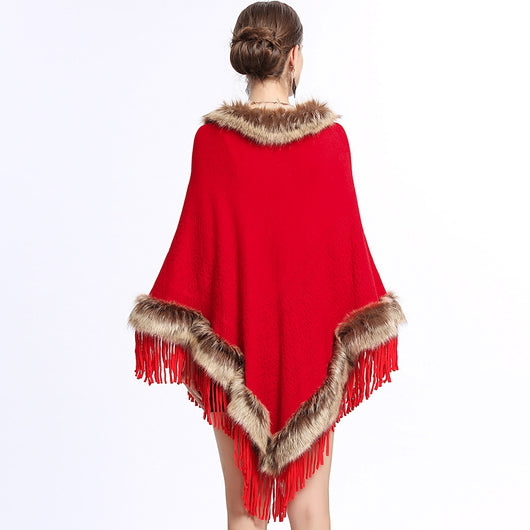 Poncho Tejido con Cuello de Piel Sintética de Zorro y Borlas - Image 5