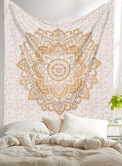 Navy blue tapestry with a large gold mandala pattern and smaller gold floral designs, made of polyester. - Image 15