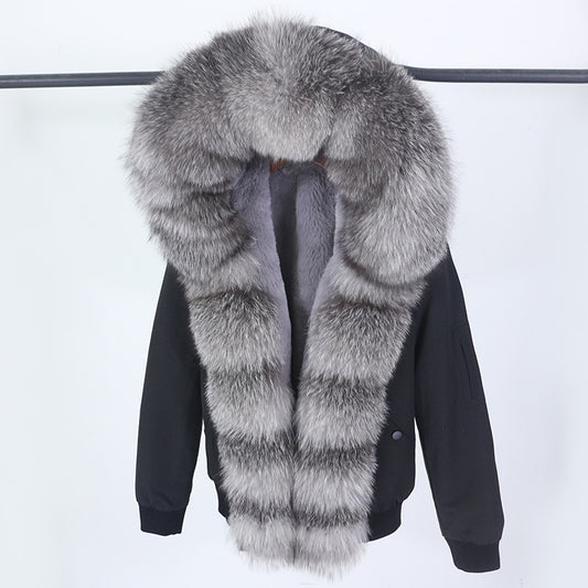 Abrigo de Piel con Cuello Desmontable y Compartimento Interior para Mujer