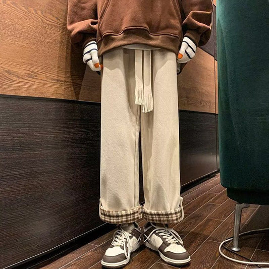 Pantalones Casuales Vintage de Corte Recto con Puños a Cuadros