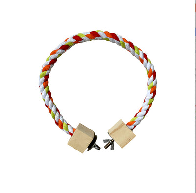 Colorful braided rope bird toy with wooden blocks and metal fasteners, forming a circular swing or climbing perch. - Image 13