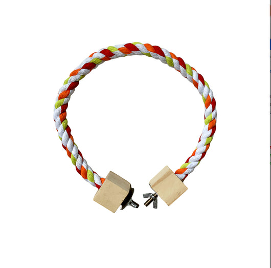 Colorful braided rope bird toy with wooden blocks and metal fasteners, forming a circular swing or climbing perch. - Image 13