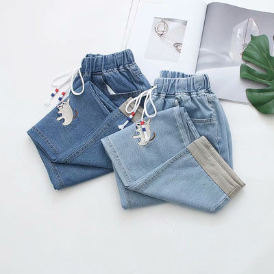 Pantalones de Mezclilla con Cintura Elástica, Cordones y Bordado de Estrella - Image 3