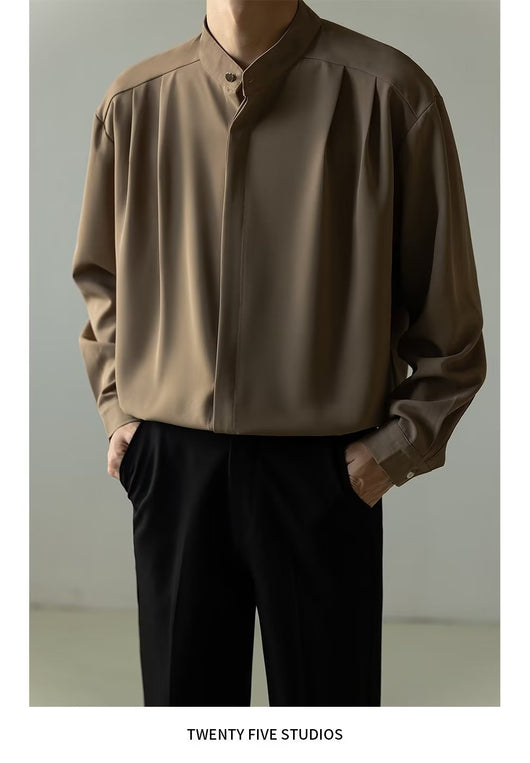 Camisa Casual Holgada de Manga Larga con Cuello Alzado para Hombre - Image 26