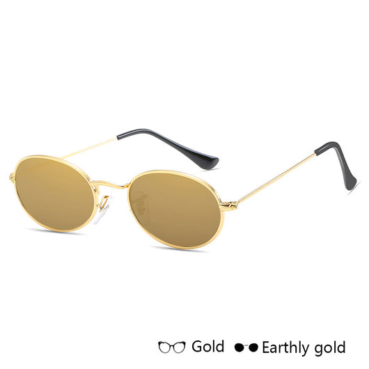 Gold-framed oval sunglasses with black mirror lenses and black temple tips, shown at an angle. - Image 5
