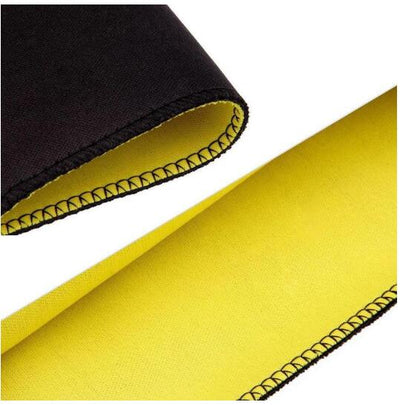 Black and yellow neoprene waist trainer shown on a person's midsection and as a flat garment. - Image 6
