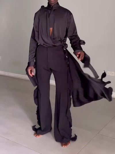 Traje Elegante Hombre con Camisa Calada y Pantalón Cintura Alta