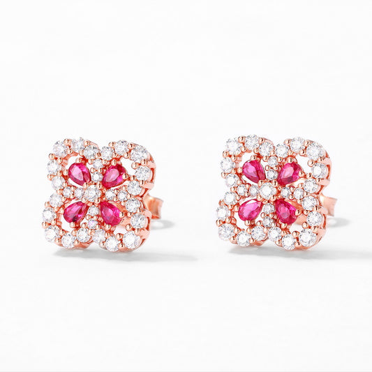Aretes de Plata S925 Flor de Cuatro Pétalos con Piedra Roja Cultivada para Mujer - Image 2
