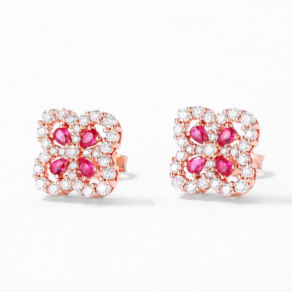Aretes de Plata S925 Flor de Cuatro Pétalos con Piedra Roja Cultivada para Mujer