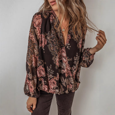 Blusa Floral de Chifón con Escote en V y Mangas Largas para Mujer - Image 2