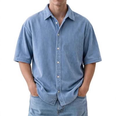 Camisa de Pana Suelta para Hombre - Manga Corta Color Sólido
