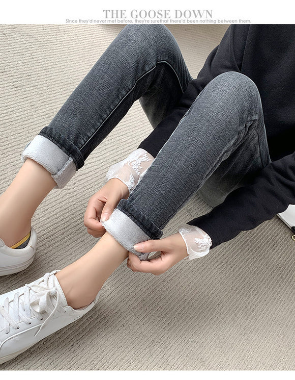 Retro Blue Skinny Pants with Fleece Feet