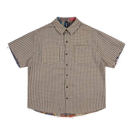 Camisa Corta de Hombre con Diseño Patchwork Cuadros y Graffiti Reversible - Image 17