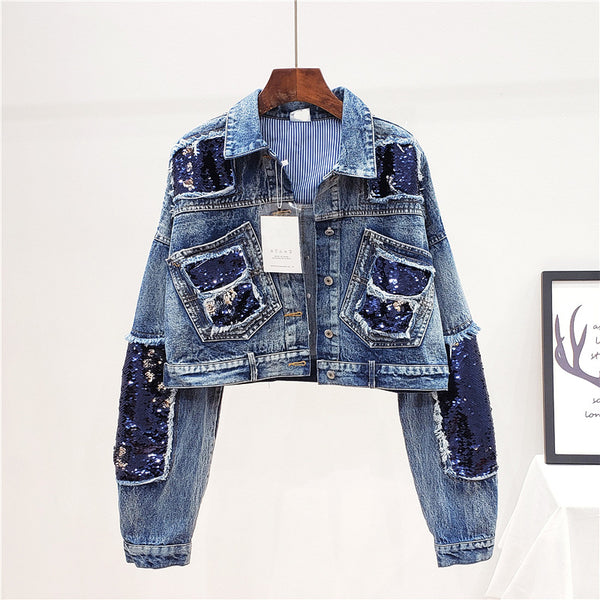 Chaqueta Denim Corta con Lentejuelas para Mujer - Manga Corta Estilo Industrial