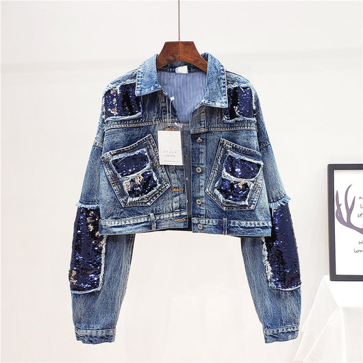 Chaqueta Denim Corta con Lentejuelas para Mujer - Manga Corta Estilo Industrial