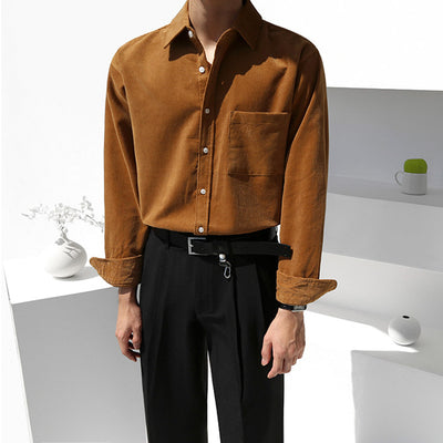 Camisa de Pana Suelta Retro Coreana de Color Sólido - Image 10