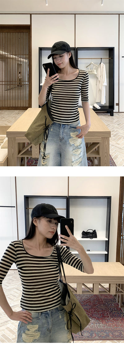 Blusa Rayada Cuello U Manga Media Elástica para Mujer - Image 15