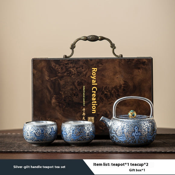 Juego de Té Taotie Chapado en Oro y Plata - Tetera Artesanal de Lujo