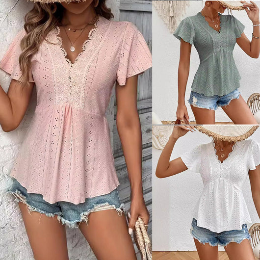 Blusa Elegante de Encaje con Manga Volante y Cuello en V - Image 2
