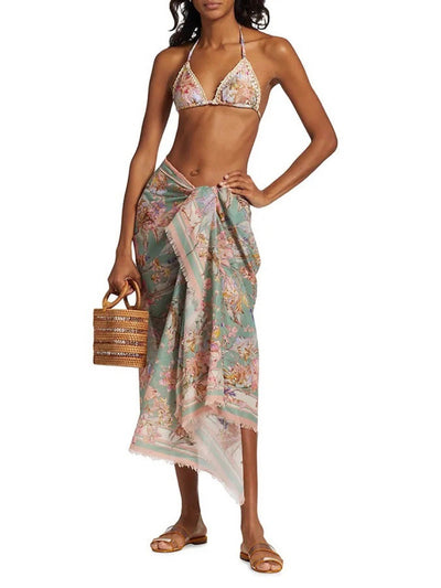 Women's green and pink floral bikini suit with matching sarong. Halter triangle top, tie-side bottoms, and wrap skirt. - Image 7