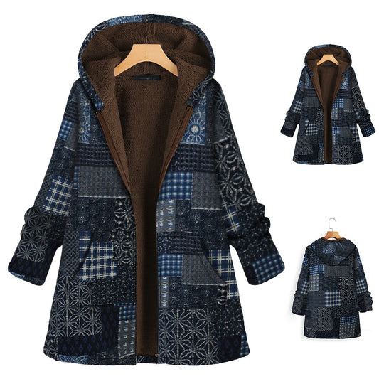 Chaqueta Acolchada con Estampado Étnico y Terciopelo