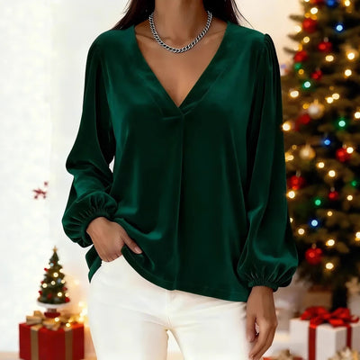 Blusa de Terciopelo con Cuello V y Mangas Linterna - Elegancia Luxuosa - Image 3