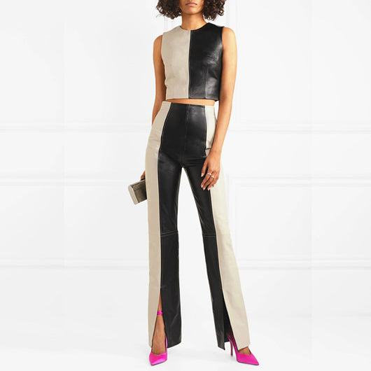 Pantalones PU Cuero Bicolor Cintura Alta Slim - Image 12