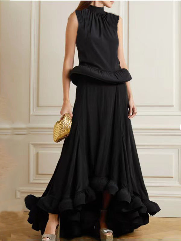Conjunto de Dos Piezas: Blusa sin Mangas con Cuello Alzado Plisado y Falda Volantes - Image 16