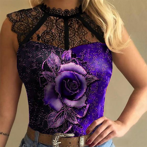 Blusa Casual Ajustada con Encaje Estampado para Mujer