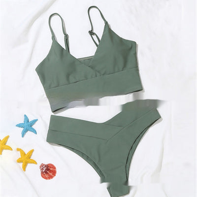 Bright yellow two-piece bikini swimsuit with a crop top and high-cut V-front bottoms, laid flat. - Image 14