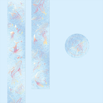 Retro laser washi tape with holographic postal stamps, airmail markings, and travel-themed text on a brown background. - Image 12