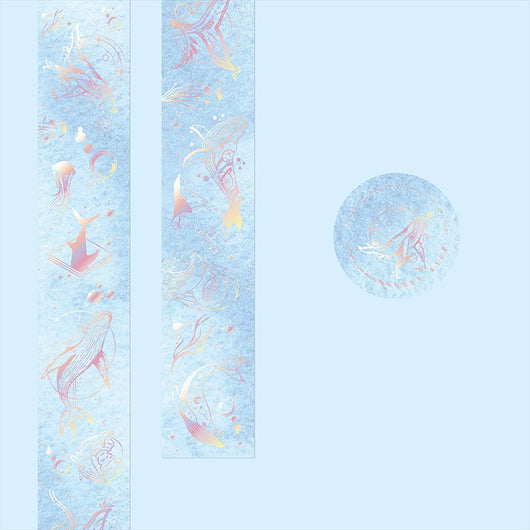 Retro laser washi tape with holographic postal stamps, airmail markings, and travel-themed text on a brown background. - Image 12
