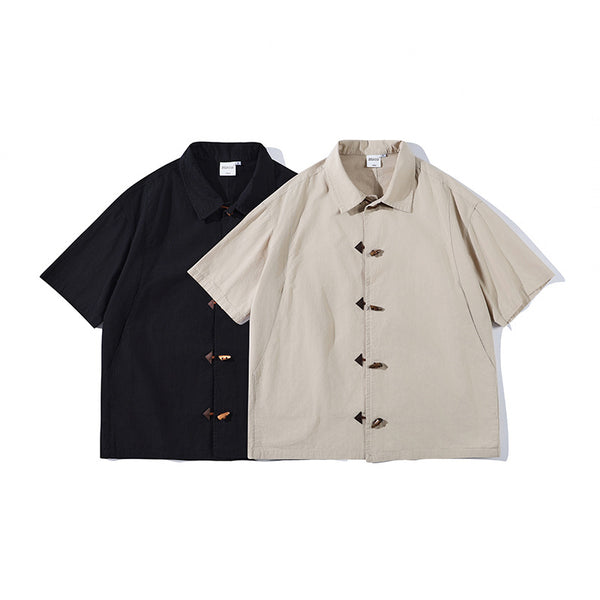 Camisa Manga Corta Hombre Estilo Chino con Cierre de Hebilla