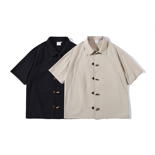 Camisa Manga Corta Hombre Estilo Chino con Cierre de Hebilla