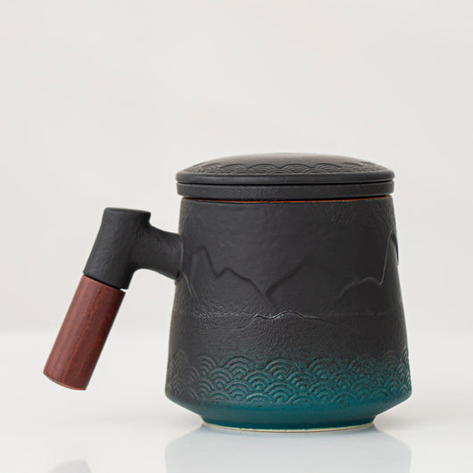 Taza Cerámica Ola del Océano con Asa de Madera y Tapa - Image 5