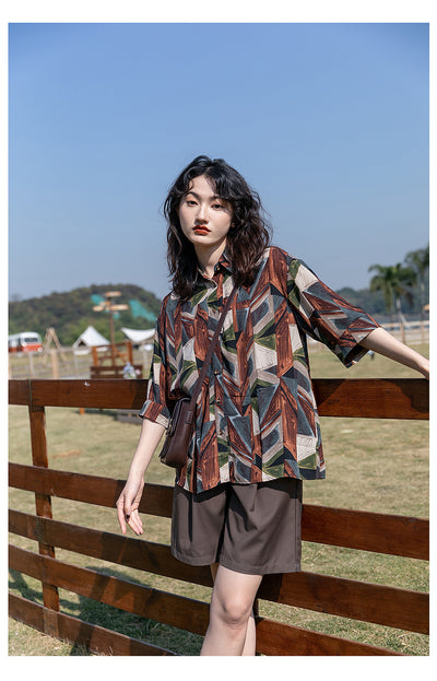 Camisa Floral Retro Hong Kong Oversized Manga Larga Primavera Otoño
