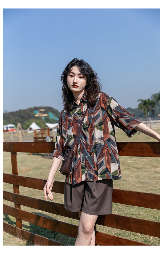 Camisa Floral Retro Hong Kong Oversized Manga Larga Primavera Otoño