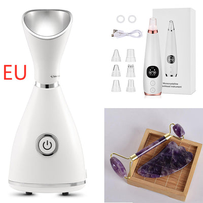 White facial steamer with a silver-toned steam nozzle and a prominent power button on the front, designed for home skincare. - Image 13